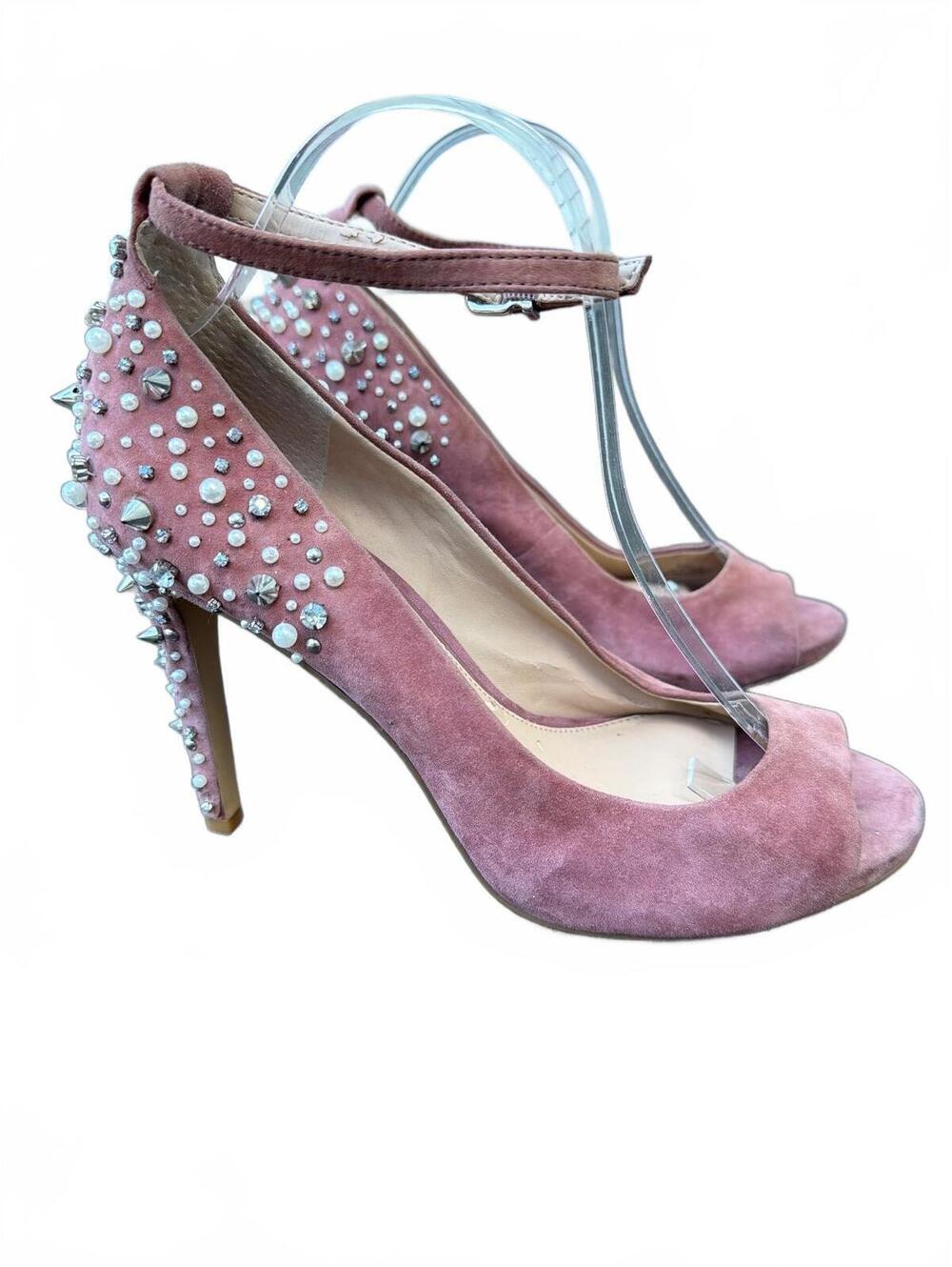 Gianni Bini Nara Studded Heels 9.5 Pink Silver Rhinestones Pearls GUC Faux Suede